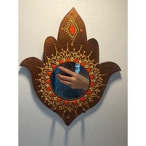 Hand Painted Hamsa Wooden Wall Mirror Key Jewelry Holder Boho Mandala Decor